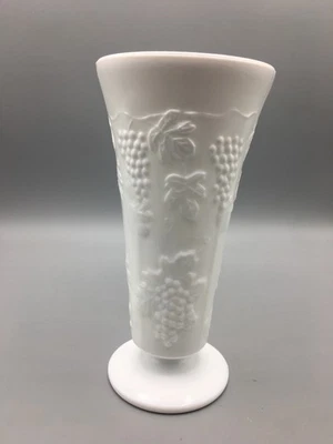 Harvest Milk Glass 7.75" Flower Vase Grapes Leaves Paneled White Vintage - Image 1 of 4
