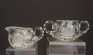 Vintage Hand Cut Lead Crystal Cream and Sugar Set 2 pcs Rose Flower Leaves - Picture 1 of 15