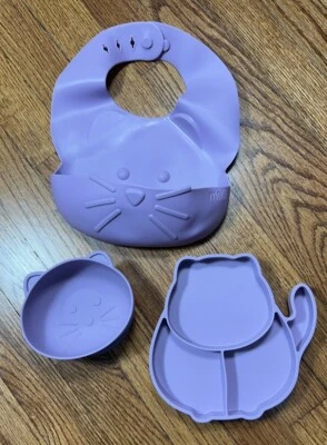 Juego de cena de silicona sin BPAFree con ventosa de alimentación de gato púrpura para niños pequeños de 3 piezas Foto 1 de 4