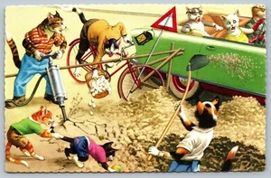 Mainzer Cats Street Work Jackhammer Anthropomorphic Dressed Animal Postcard L10 - Picture 1 of 2