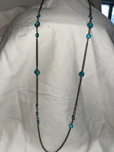 Gunmetal Gray Chain Link Necklace With Teal Gem Accents - Picture 1 of 3