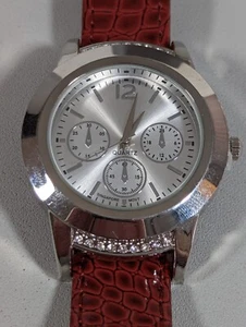 Silver Tone Dial Crystal Accent Round Case Brown Faux Leather Band Watch - Picture 1 of 7
