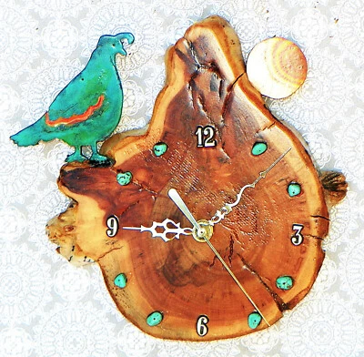 Quail w/ Moon & Turquoise Stones Cabin Style 9" x 8.5" x 1.5" Rustic Wall Clock - Image 1 of 4