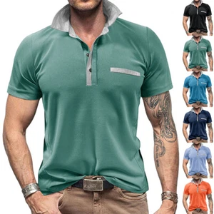 Men Short Sleeve Solid Shirts Summer Button Golf Henley Tops Blouse Size - Picture 1 of 26