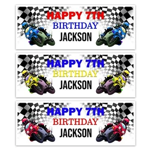 BANNER COMPLEANNO PERSONALIZZATO MOTO RACER RAGAZZI MOTOCROSS - Foto 1 di 4
