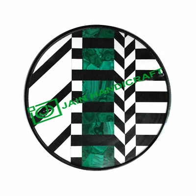 12'' round black Marble Coffee corner Center Table Top inlay green malachite k3 - Image 1 of 3