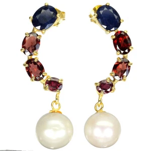 Pendientes De Plata Esterlina 925 Ovalados Con Zafiro Azul 8x6mm Y Perla Joya - Imagen 1 de 9