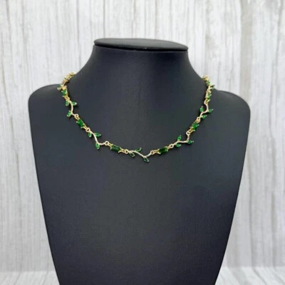 Gold Bridal Jewelry Set, Green Cubic Zirconia Crystal Necklace, Emerald Link - Image 1 of 4
