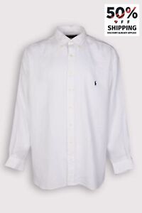 RRP€139 RALPH LAUREN Linen Button-Up Shirt B&T Size 1XL White Logo Long Sleeves