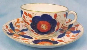 Childs Cup & Saucer Porcelain Cobalt Blue & Persimmon Flowers Antique Nice - Picture 1 of 4