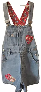 L A Blues Womens Shortall Shorts Size Small 100% Cotton Heart Patches Excellent! - Picture 1 of 17