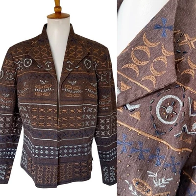 Chaqueta Blazer Coldwater Creek Adornada Azteca Occidental Boho Artística Tribal Talla 12 Foto 1 de 4