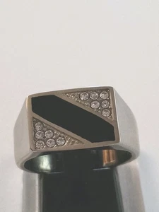 Black Onyx Enamel Ring – Silver Tone Stainless Steel, Men’s Size 9 - Picture 1 of 7