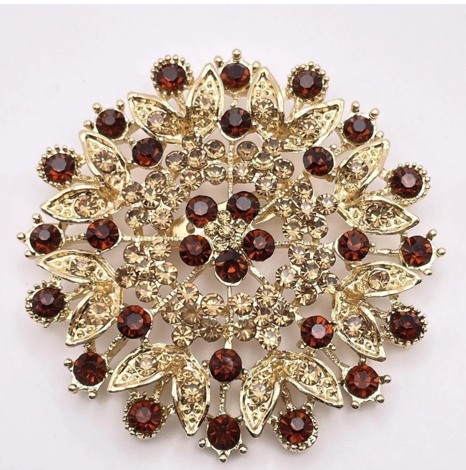 Broche Corona Floral Otoño Color Ámbar Piedras de Vidrio Vintage Octubre Vibraciones Prendedor Foto 1 de 4