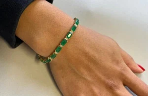 Bracciale tennis 925 taglio smeraldo con diamanti/smeraldo placcato oro 14 kt - Foto 1 di 3