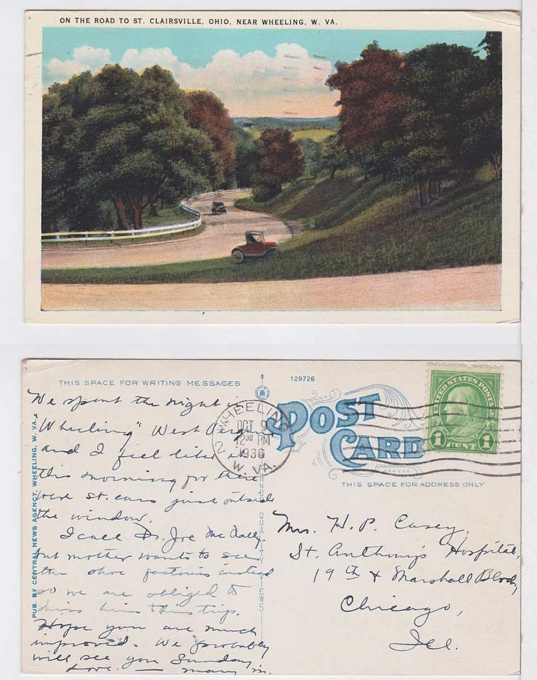 TurtlesTradingPost- Wheeling, WV 1936- Road with 1920s Cars- Post Card - Image 1 of 1