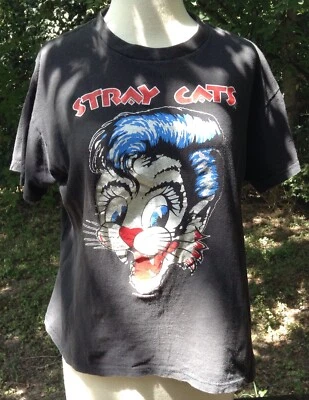 VTG 80s Stray Cats Blast Off Tour Black TShirt Sz L Rockabilly Swing Setzer READ - Image 1 of 4