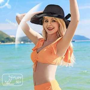 Summer Women Straw Hat Bowknot Wide Brim Floppy Foldable Roll Up Cap Beach Hat - Picture 1 of 13