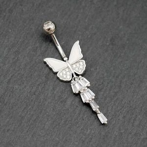 Women 925 Sterling Silver Butterfly CZ Crystal Belly Bar Button Navel Ring A4435 - Picture 1 of 11