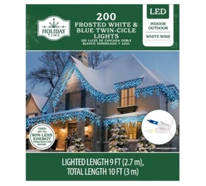 200 Count LED Frost White & Blue Twin-Cicle Icicle Christmas Lights WHITE WIRE - Picture 1 of 4