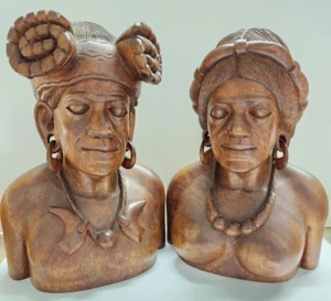 Large 11" Wooden Hand Carved Igorot Tribal Bust Pair Man Woman Philippines - Picture 1 of 24