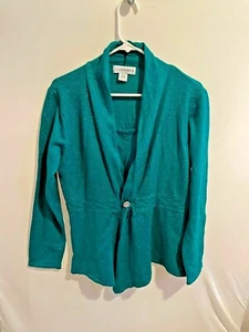 Sag Harbor Green Shimmer Dressy Sweater Cardigan Size Large Rhinestone Button - Picture 1 of 3