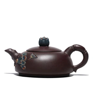 full handmade master tea pot lotus relief true yixing zisha purple grit pot mark - Bild 1 von 12