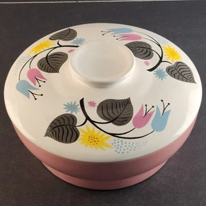 Ceramic Pottery Pink & White Vintage Covered Casserole Dish 9" Across x 4.5" T - Picture 1 of 8