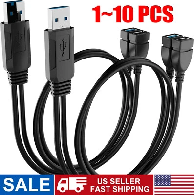 USB 2.0 A Male To 2 Dual USB Female Jack Y Splitter Hub Power Cord Adapter Cable - Image 1 of 4
