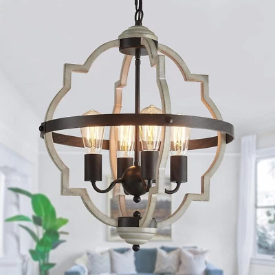 Lámpara de araña rústica de granja, acabado orbe + roble, candelabros antiguos vintage de 4 luces P Foto 1 de 4