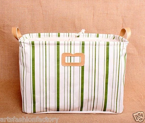 Collapsible Linen Storage Bucket Basket box w Totes w/ Green Stripe (Set of 2) - Picture 1 of 4