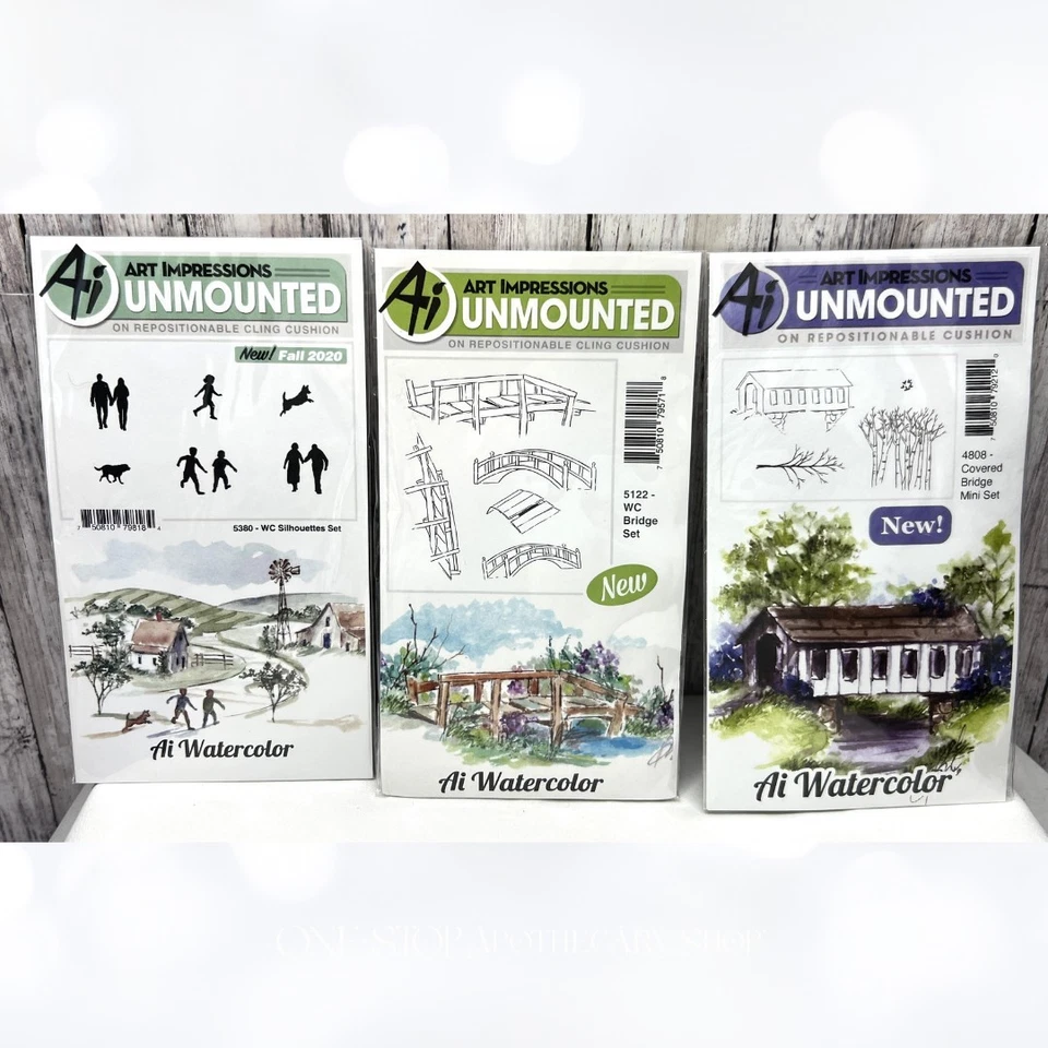 Impresiones artísticas PUENTE CUBIERTO siluetas paisaje acuarela estampillas de goma Foto 1 de 1