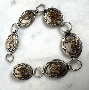 Handcrafted Silver-tone Concho, Etched Scenes Panel Link Bracelet, Santa Fe, MN - Picture 1 of 13