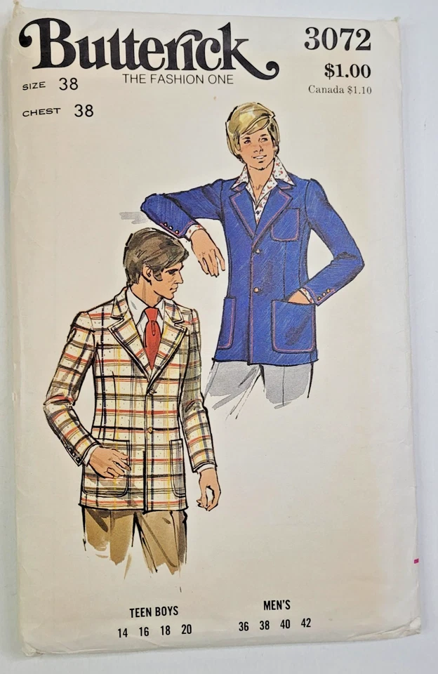 Chaqueta de Colección Años 70 Butterick Patrón de Costura 3072 Para Hombre Parcialmente Forrada Pecho 38 CORTE Foto 1 de 3