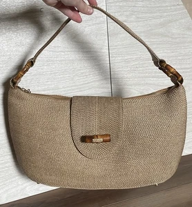 Borsa Eric Javits Squishee tessuto rafia paglia bambù accenti come nuova borsa beige boho - Foto 1 di 22