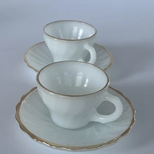 2 Anchor Hocking Depression Milk White Glass Swirl Anniversary Cup & Saucers - Picture 1 of 17