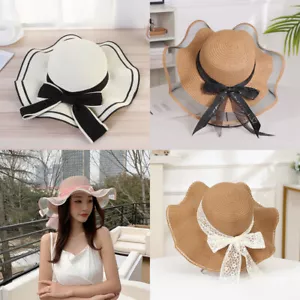 Summer Women Large Bow Straw Hat Portable Foldable Holiday Beach Sun Visors Hand - Picture 1 of 39