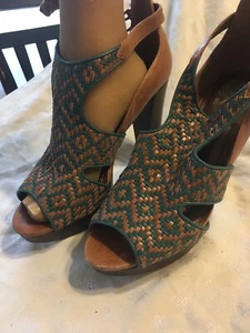 Elliot Lucca Women Brown Green Braided Leather 5.5” High Platform Shoes 10 - Picture 1 of 3
