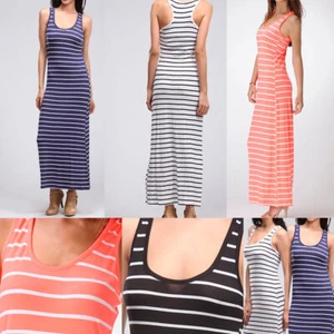 Women's Maxi Full Length Stripe Tank Rayon Blend Racerback Maxi Dress - Picture 1 of 6