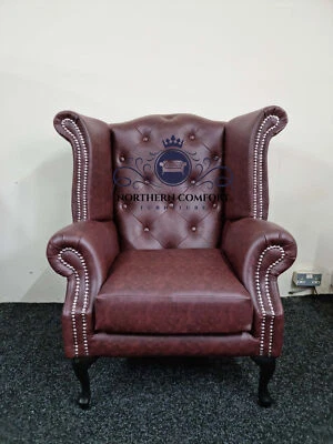 Chesterfield Queen Anne Wing Back Chair in Chestnut Bonded Leather - Image 1 of 2