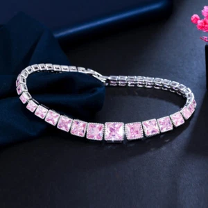 Classic Pink CZ Stone Big Square Chain Link Bracelet Bangle for Women Prom Gift - Bild 1 von 8