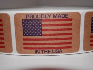 PROUDLY MADE IN THE USA AMERICA 1.25x2 Flag Sticker Label brown kraft 250/rl - Picture 1 of 1