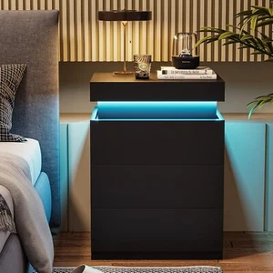 Nightstand with Charging Station and LED Lights Bedside End Side Table w/Drawers - Picture 1 of 8