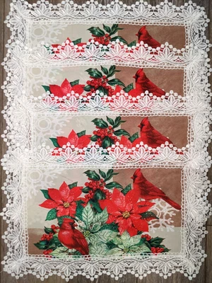 Set of 4 CARDINAL & POINSETTIA Lace Trim Christmas Placemats Holiday Decor - Image 1 of 4