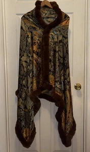 La Fiorentina Silky Multi Colored Paisley Trim Faux fur scarf shawl Wrap 31”x70” - Picture 1 of 17