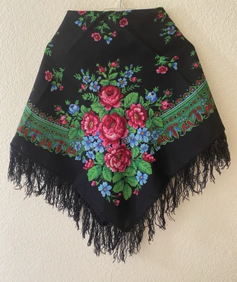 Mantón vintage 1991 PAVLOVO POSAD ПЛАТОК 36x36" lana flecos florales rojo negro NUEVO Foto 1 de 4