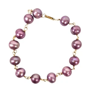 10K Solid Yellow Gold & Purple Pearl Station Bracelet, 7" - Picture 1 of 3