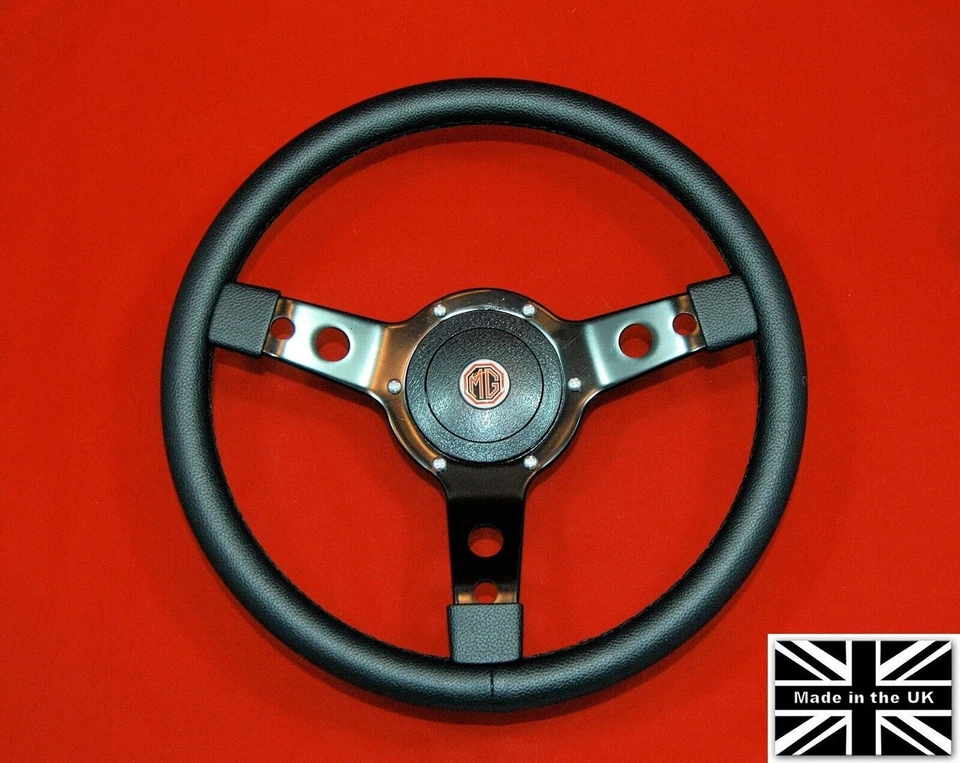 14" Leather Steering Wheel-Black Spokes & Hub. Fits MG Midget 68-69 Foto 1 de 4