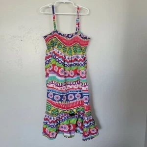 Hanna Andersson 150 Girls Multicolor Floral Striped Dress Spaghetti Strap Ruffle - Picture 1 of 8