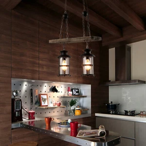 Rustic Wood Pendant Lamp 2 Lights Chandelier Kitchen Island Ceiling Lamp - Picture 1 of 12